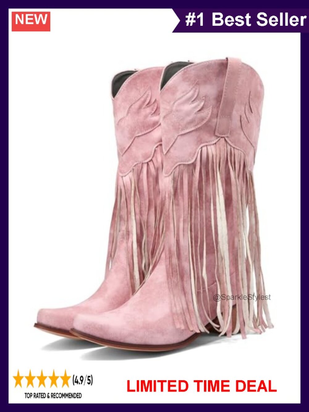 Women Fringe Cowboy Boots Mid Calf Embroidered Western Square Toe